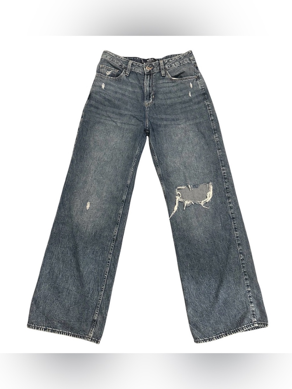 Hollister Distressed Wide-Leg Jeans in Dark Denim